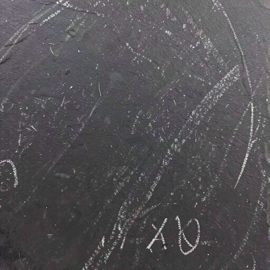 En kritig kritig krita på en mörk griffeltavla med svepande streck i svart, vitt och gult, som påminner om en gammal anslagstavla i en skolklass.